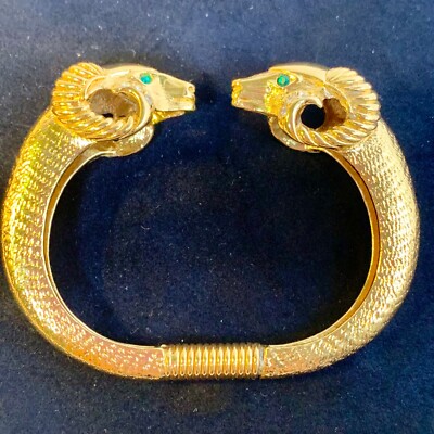 Vtg Gold Tone Cuff Bracelet Signed KJL FOR AVON Ram Heads Green Crystal Eyes