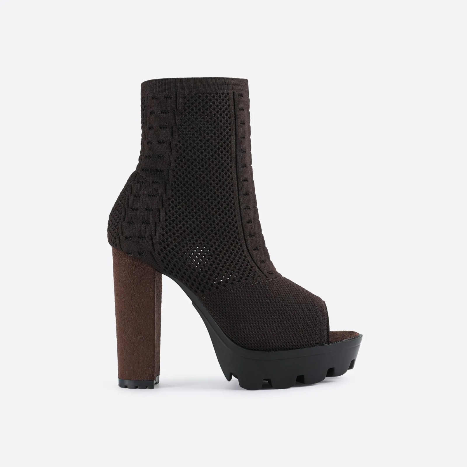 MOUSSE FIT Women Peep Toe Block Sock Boots (Brown)