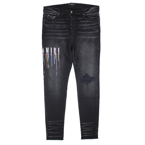 Pre-owned Amiri Paint Drip Logo Jean Aged Black Straight-fit Jeans Size 36 $1290