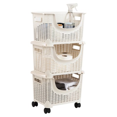 Mind Reader 3-Tier White Durable Sturdy Stackable Plastic Rolling Storage Bins