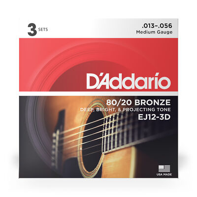 3 Sets of D'Addario EJ12 80/20 Bronze Acoustic Guitar Strings, Medium (13-56)
