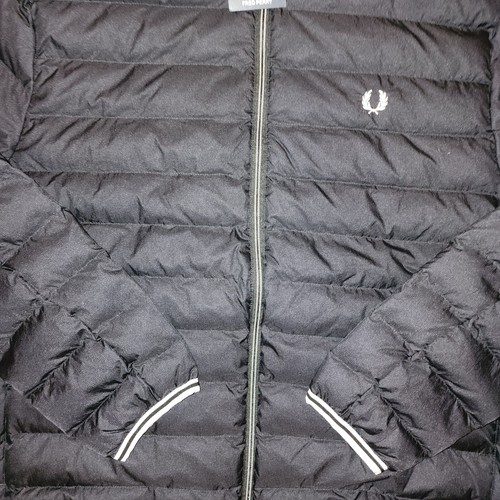 Pre-owned Fred Perry Mens 2xl Xxl Black Insulated Hooded Jacket Puffer Coat White Zipper