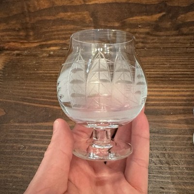 (5) The Clipper Ship by Toscany Brandy Snifter Etched Glass - Clear & Frosted
