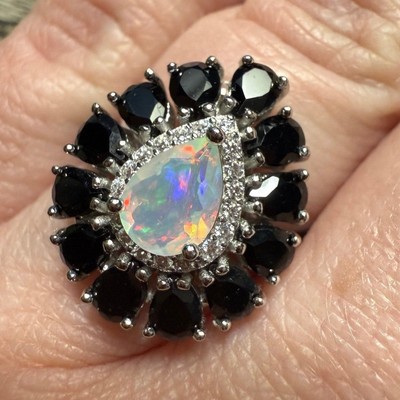Sterling Silver Opal and Black Spinel Ring