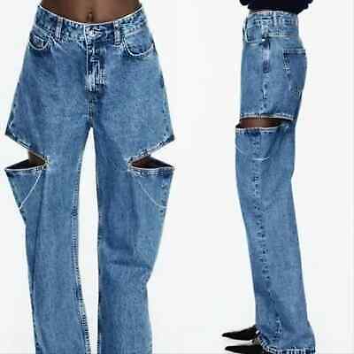 Zara NEW NWT Cut Out Jewel Mid Rise Straight Leg Jeans Women's US 6 