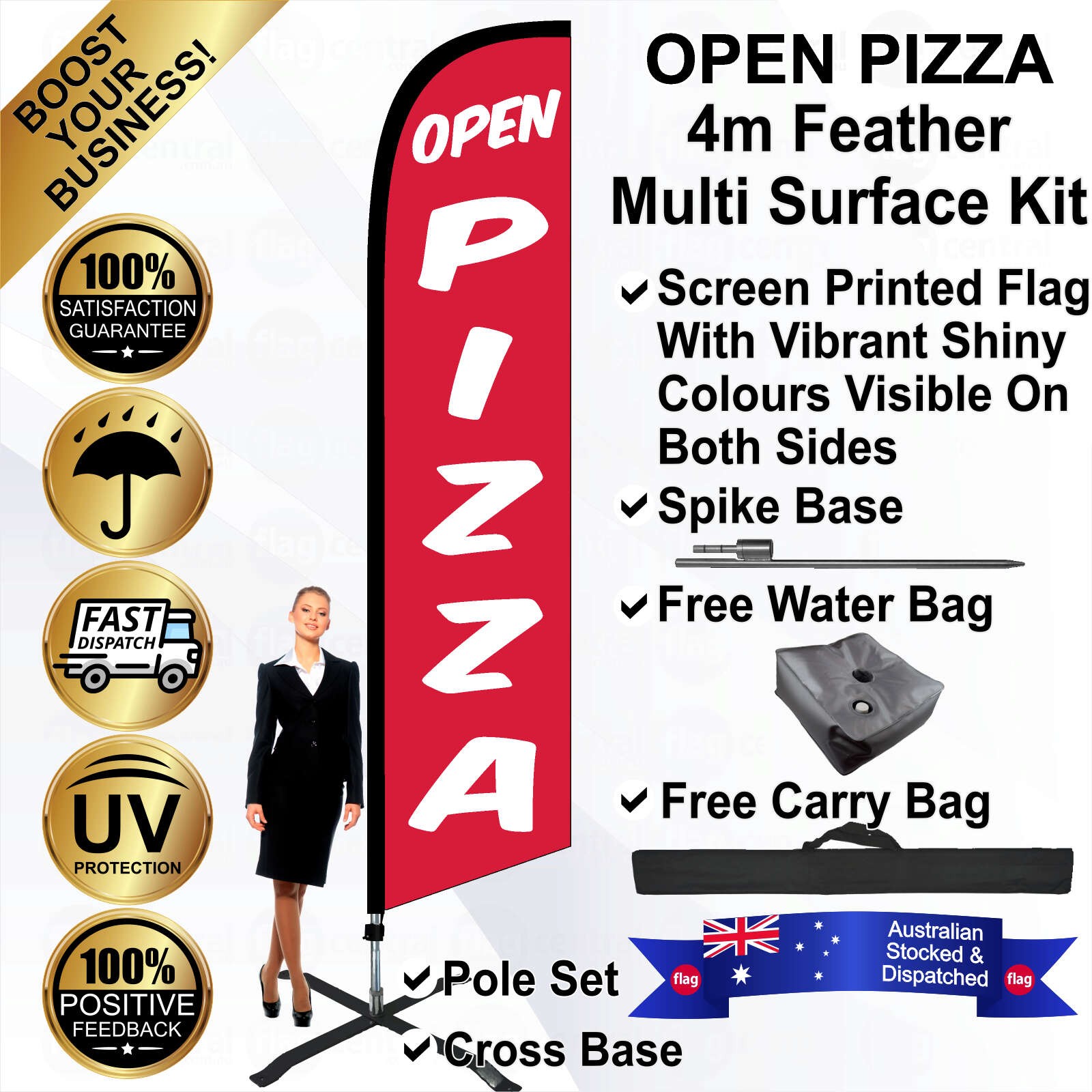 OPEN PIZZA Red 4m Feather Flag / Banner Kit with Pole Set, Galvanised Steel Ground Spike, Steel Outdoor Cross Base, Free 15kg Water Bag and a Free Carry Bag