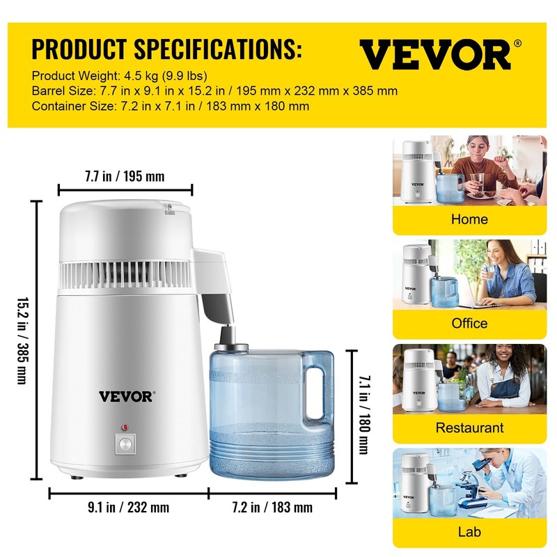 VEVOR 4L Water Distiller Purifier Machine Stainless Steel Interior Home 750W