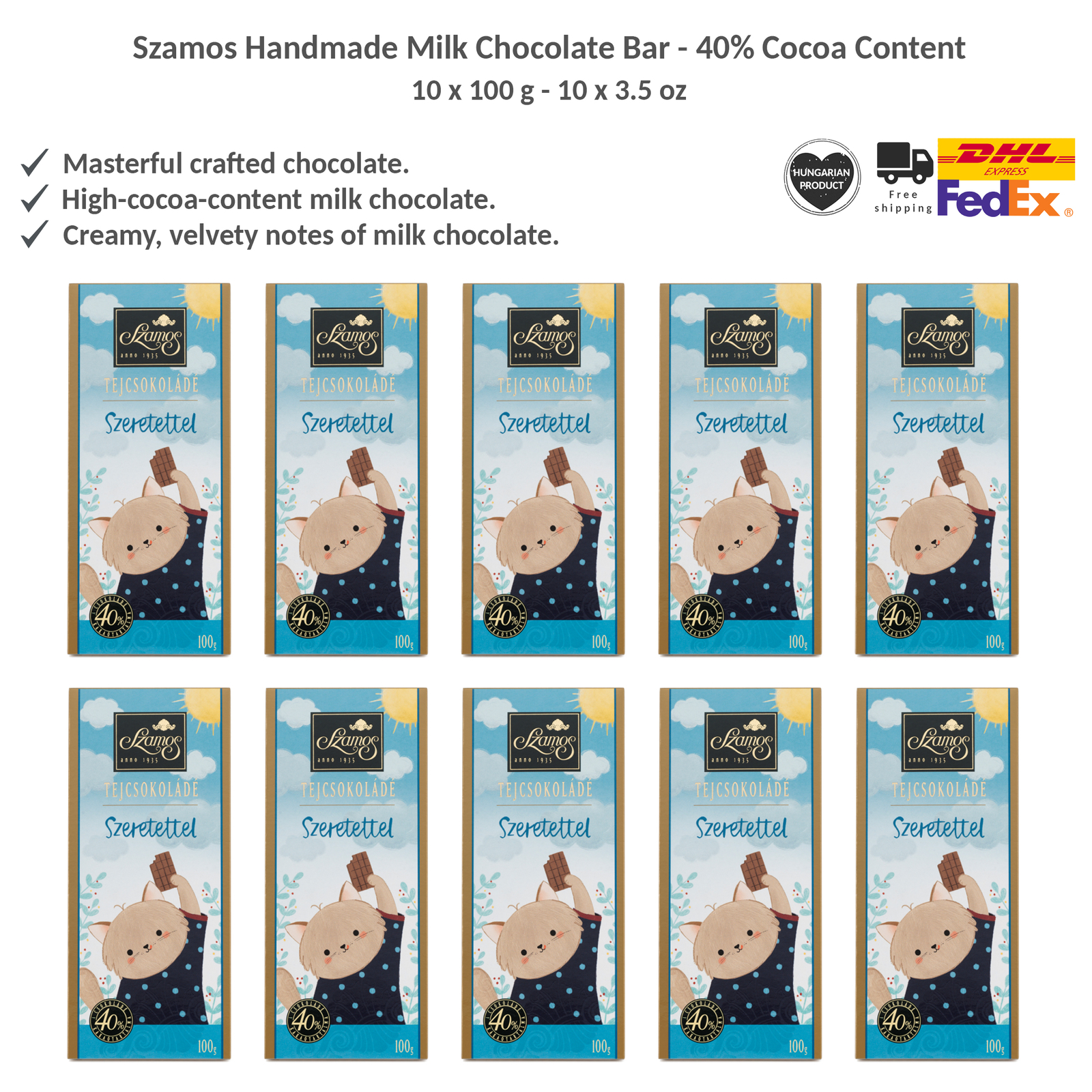 Szamos Milk Chocolate Bar High Cocoa Content Kitty Pattern Gift Wrapping 100gx10