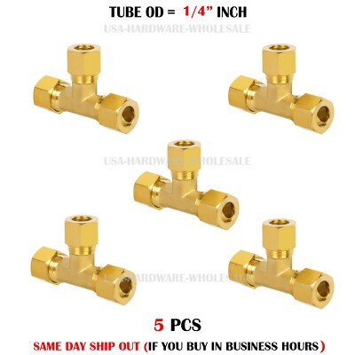 Brass Tee Compression Tube Fitting, 1/4'' OD x 1/4'' OD x 1/4'' OD (5 PCS)