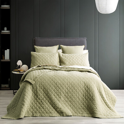 Renee Taylor Cavallo Stone washed French Linen Quilted Bed Coverlet Set Super...