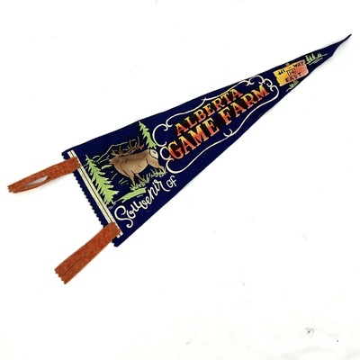 VINTAGE Alberta Game Farm Felt Pennant - 18''  LONG Elk Blue 1950s Hunting Lodge