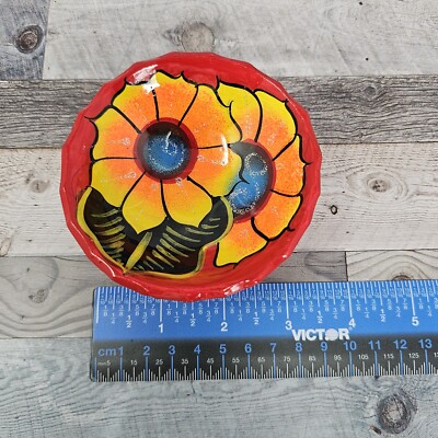 Vintage Mexican Telavera Primitive Folk Art Bowl Footed, Flower Pattern 