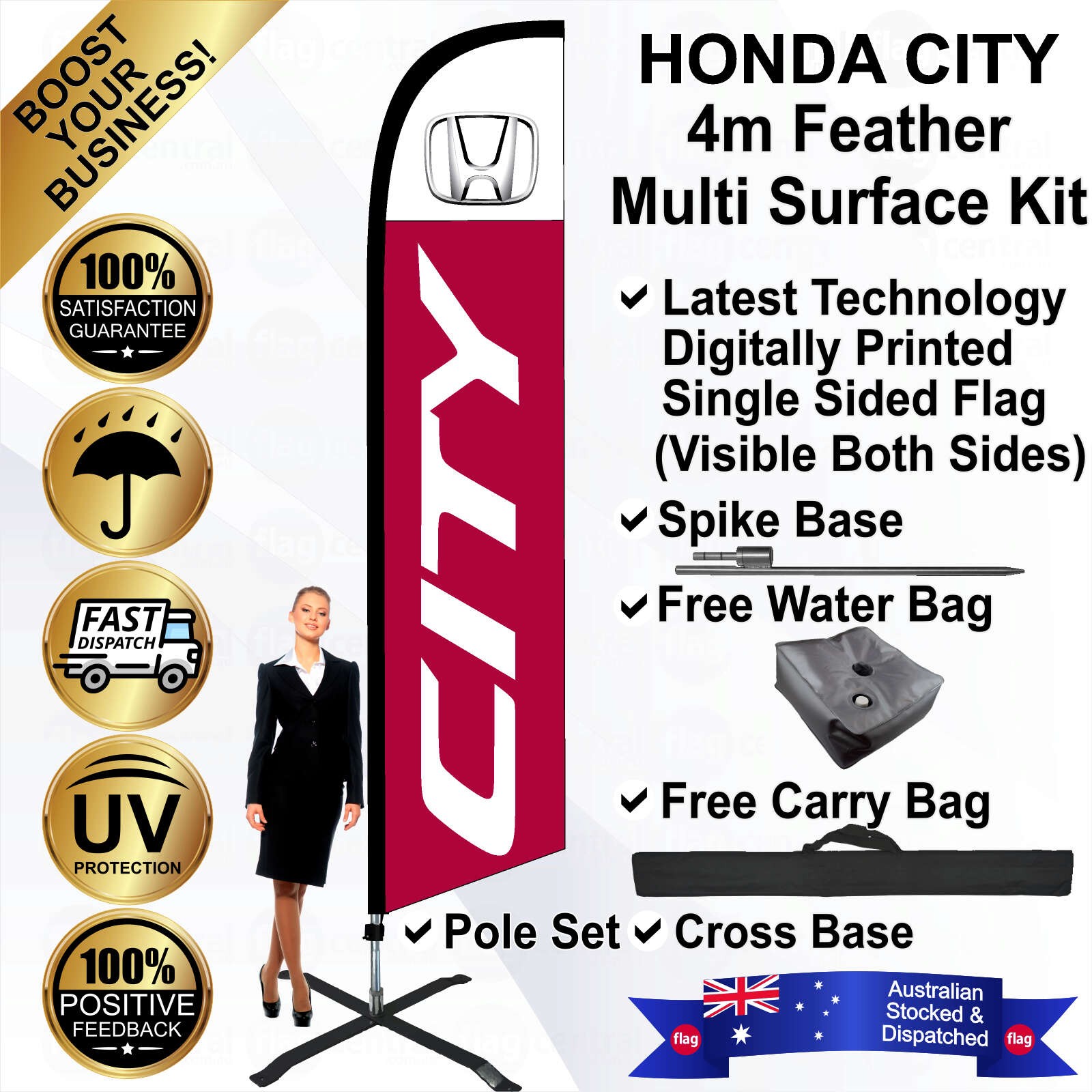 HONDA CITY Red 4m Feather Flag / Banner Kit with Pole Set, Galvanised Steel Ground Spike, Steel Outdoor Cross Base, Free 15kg Water Bag and a Free Carry Bag