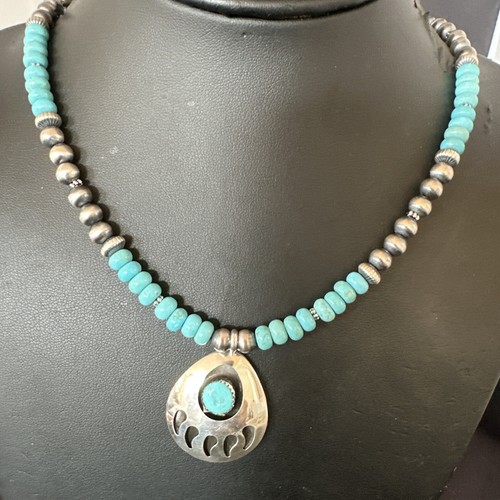 Pre-owned Handmade Mens Blue Turquoise Bearpaw Pendant Navajo Pearls Sterling Silver Necklace 17880