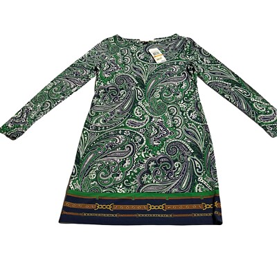 MICHAEL Michael Green Paisley Chainlink Long sleeve Shift Dress Size S Small NWT