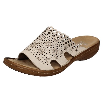 LADIES RIEKER LEATHER SLIP ON LOW WEDGE MULE CUT OUT SLIDE SANDALS SIZE 608K6