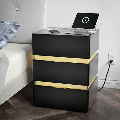 3 Drawer Nightstand With Charging Station End Table With LED Light Bedside Table