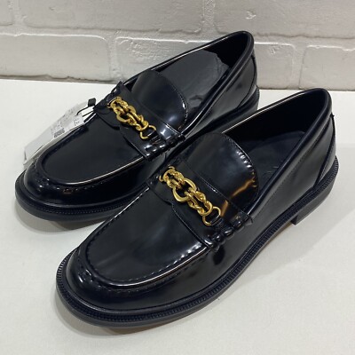 NEW - MNG Mango - Black Vegan Leather Loafers w/ Gold Chain Detail Size 8