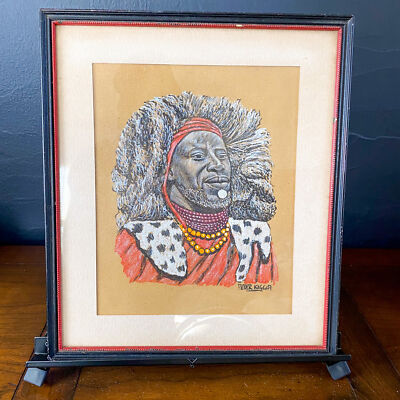 Vintage PETER KIGGIA Framed Matted AFRICAN WARRIOR Art Print VERY SCARCE