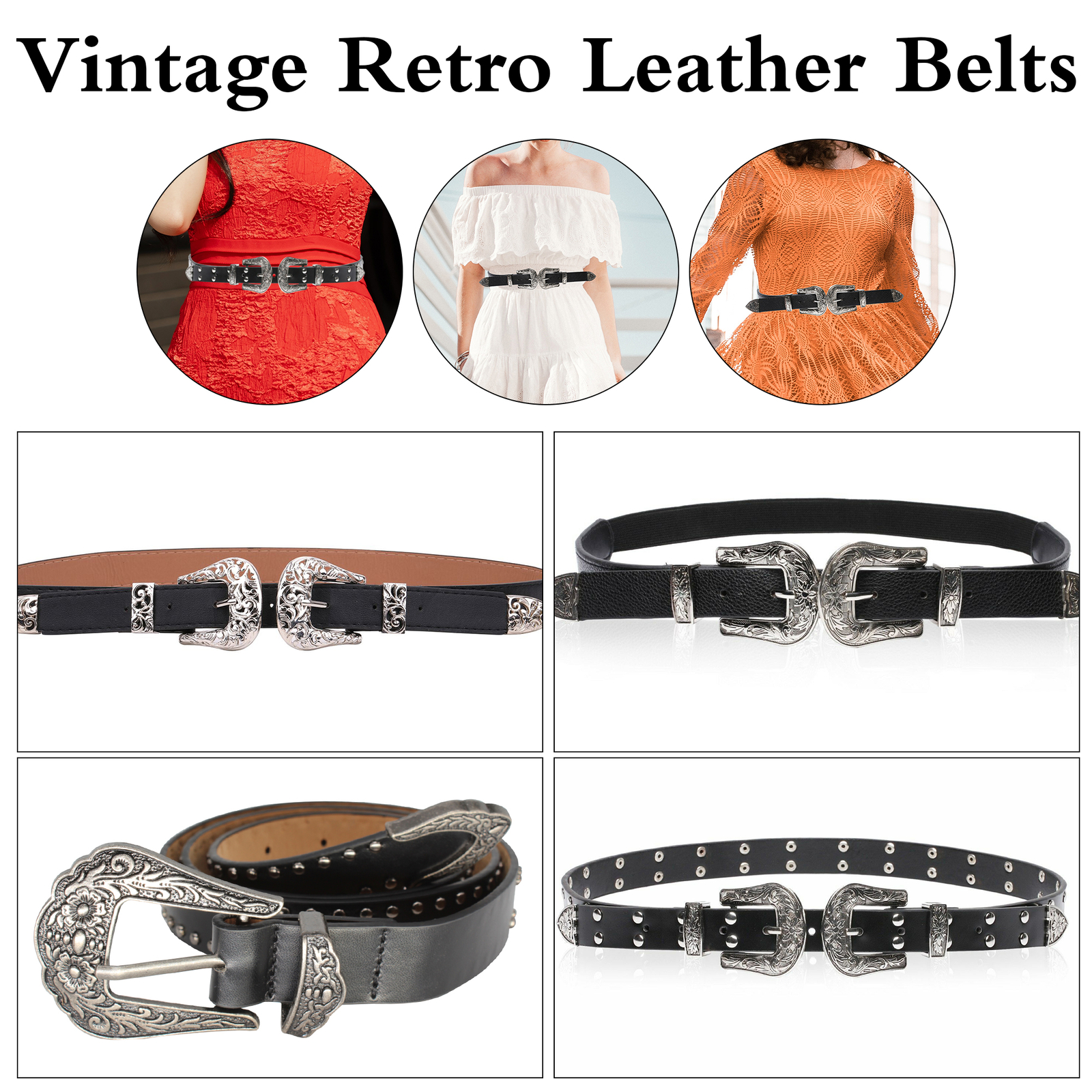Taille Gürtel mit Doppel Graviert Schnalle Kunstleder Vintage Style Cowboy Retro