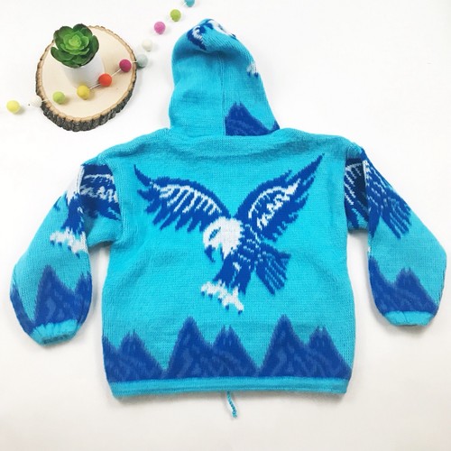 Artesanias Sweater Girls Boy 4 Hooded Cardigan Ecuador Alpaca Wool Eagle Blue