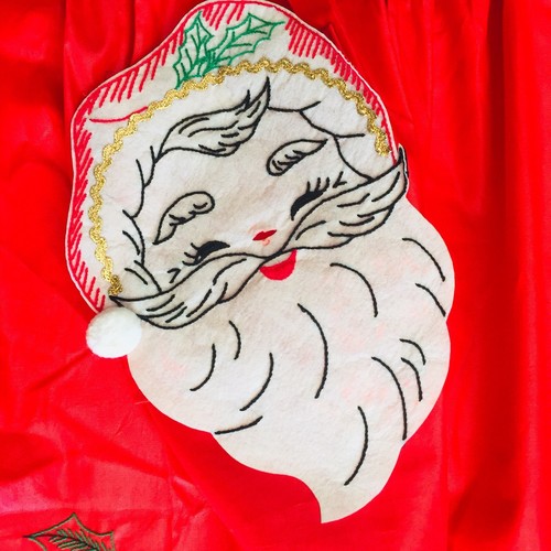Vintage Christmas Half Apron Santa Applique Red Gold Holly 1950s Mid Century USA