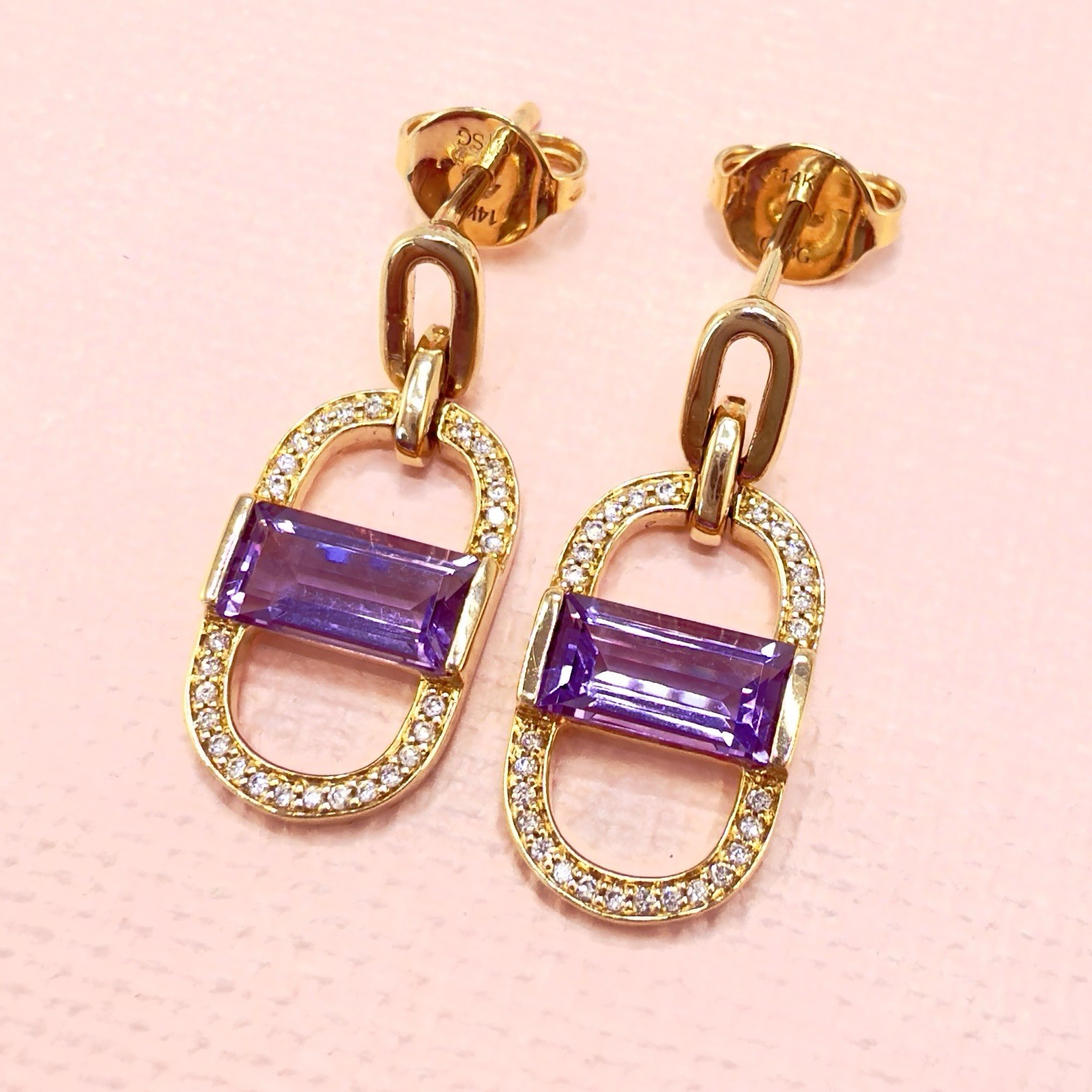 14k Yelow Gold Genuine Amethyst & Diamond Monernist Dangle Earrings, New - Picture 1 of 11
