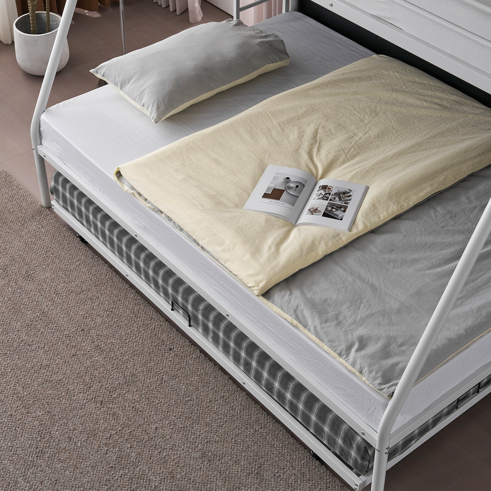 Metal Bed Platform Twin Over Full Bunk Bed Frame with Trundle & Two-side Ladders