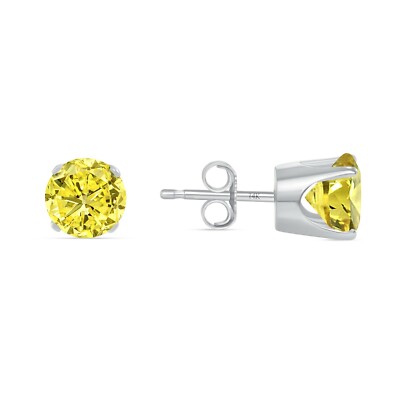 Pre-owned Shine Brite With A Diamond 2 Ct Round Cut Canary Earrings Crown Set Studs Solid 14k White Gold Push Back