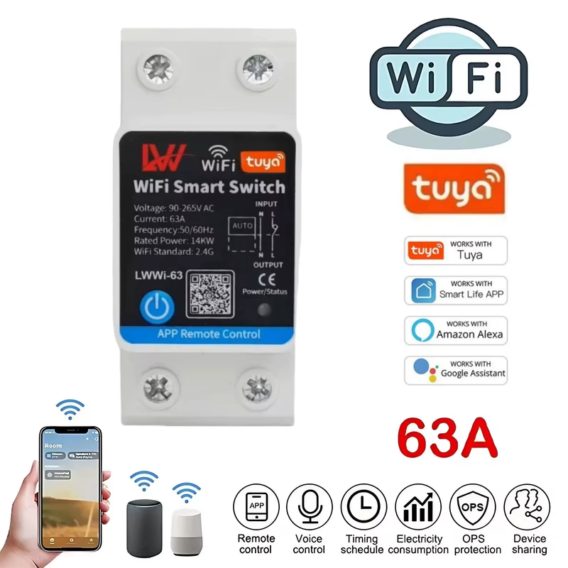 Tuya 63A Power Meter Wifi Smart Circuit Breakers Power Monitor Wifi Electricity