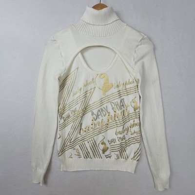 Baby Phat Womens White Gold Sequin Logo Cutout Turtleneck Sweater R4A00132 M