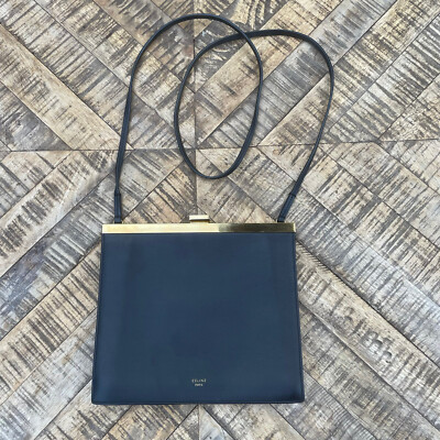 Celine By Phoebe Philo Clasp Mini Black Calf Leather Crossbody Shoulder Bag Gold