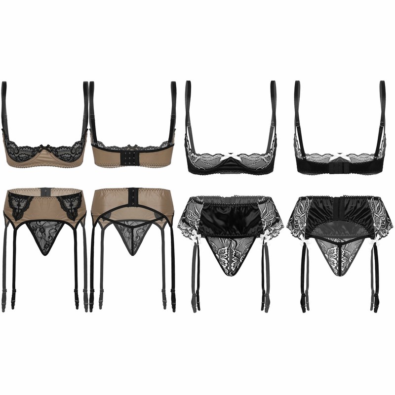 Frauen Spitzen BH und G-string und Strumpfgürtel durchsichtig Nachtwäsche Sets