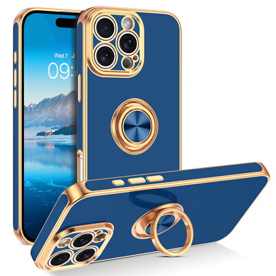 For iPhone 16 15 14 13 12 11 Pro Max Shockproof Plating Case Cover + Ring Stand