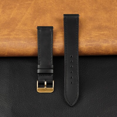 18mm Black Flat Leather Watch Band Men Classic Real Watch Strap Gold Buckle Gift