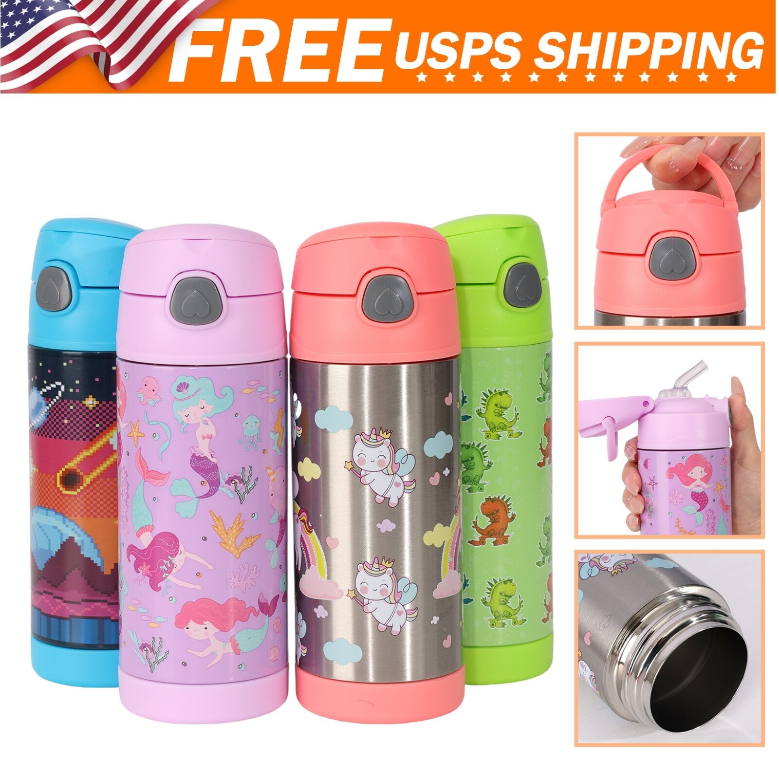 Kids Water Bottle 12oz Stainless Steel w/ Straw Vacuum Double Wall Insulated Cup