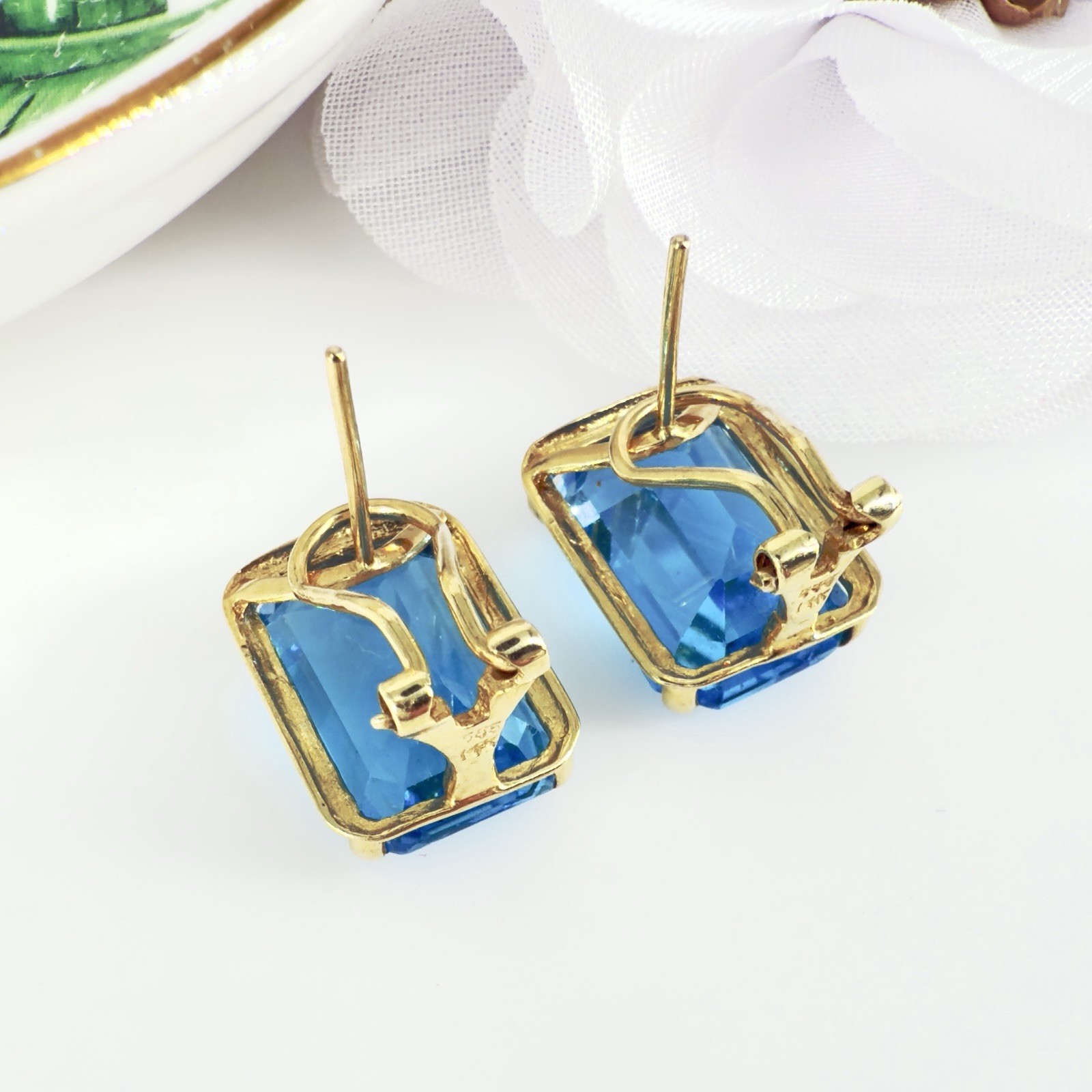 14k Yellow Gold Swiss Blue Topaz Omega Back Earrings, Preowned - Picture 7 of 12