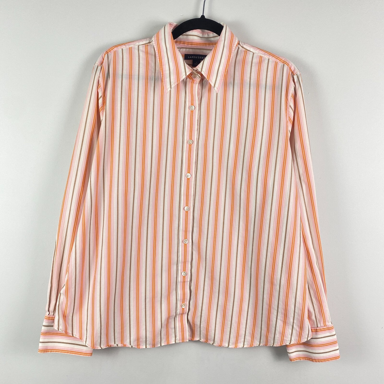 Lands End Button Up Shirt Size 18 Orange Pink White Stripe