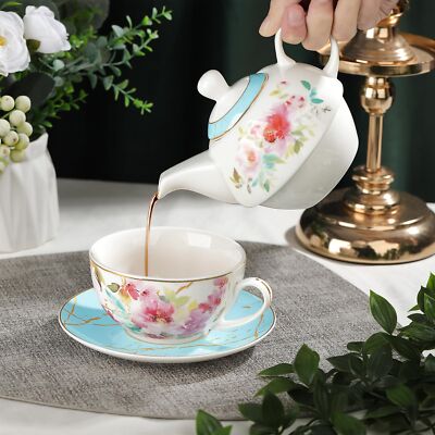 Pink Floral Tea for One Tea Cup and Saucer Set with Gold Trim Porcelain Tea a...