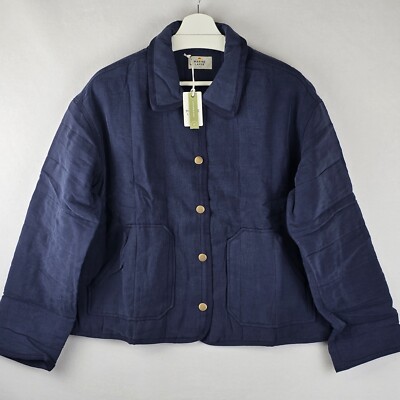 $165 Marine Layer Aria Quilted Jacket L Boxy Boho Tencel Linen Snap Button Blue