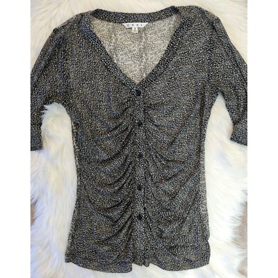 Cabi Womens Gathered Placket Sheer Top Blouse Pebble Print Black Gray Size S