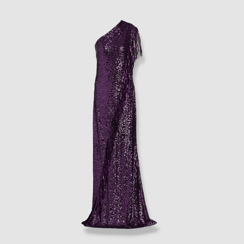 Pre-owned Badgley Mischka $990  Womens Purple Sequin One-shoulder Fringed Gown Dress Size 0