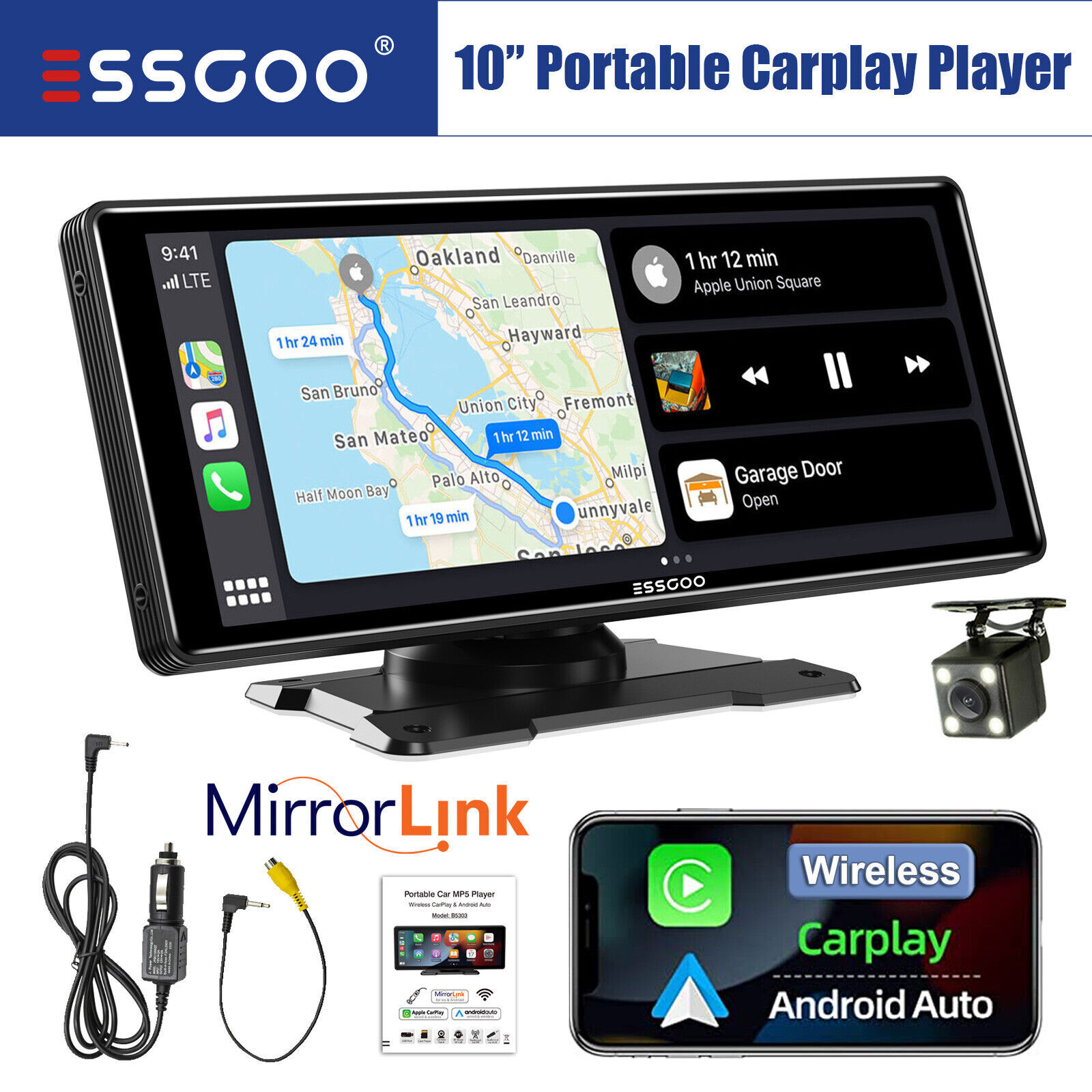 Stereo Gps Portable Carplay Android Auto Player Ips Screen + Cam