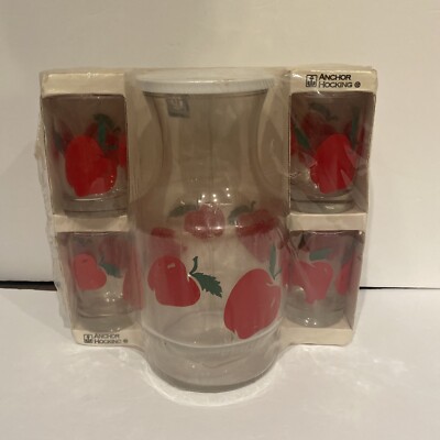 New In Box Anchor Hocking  5 Piece Juice Set,  Apple Pattern, Carafe 4 Glasses