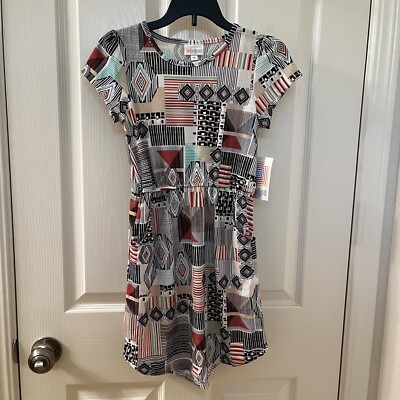 Lularoe Mae Dress Geometric Shapes Striped Print Girls Size 10 NWT