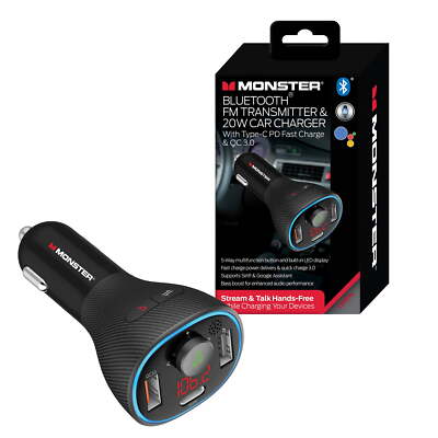 Monster LED Type-C USB-a FM Transmitter, Features Dual Charging, 4.75 x 2.15in