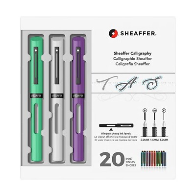 Sheaffer Calligraphy Fountain Pen Kit 3 B M F Size Nibs 20 Ink Cartridges
