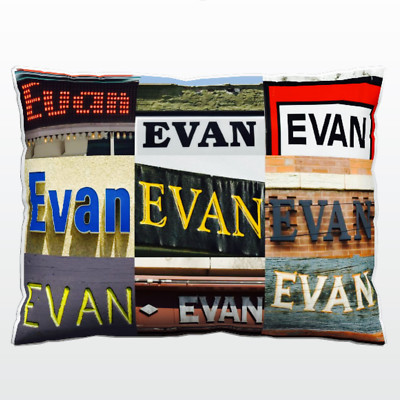 Personalized Pillow featuring the name EVAN in photos of actual signs