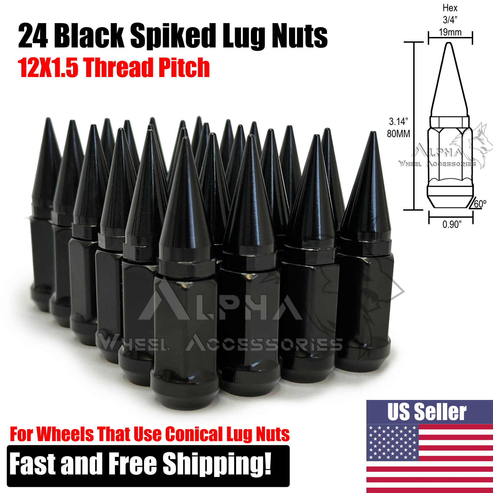 24Pc Black 12x1.5 Spiked Conical Lug Nuts Fits Toyota Tacoma