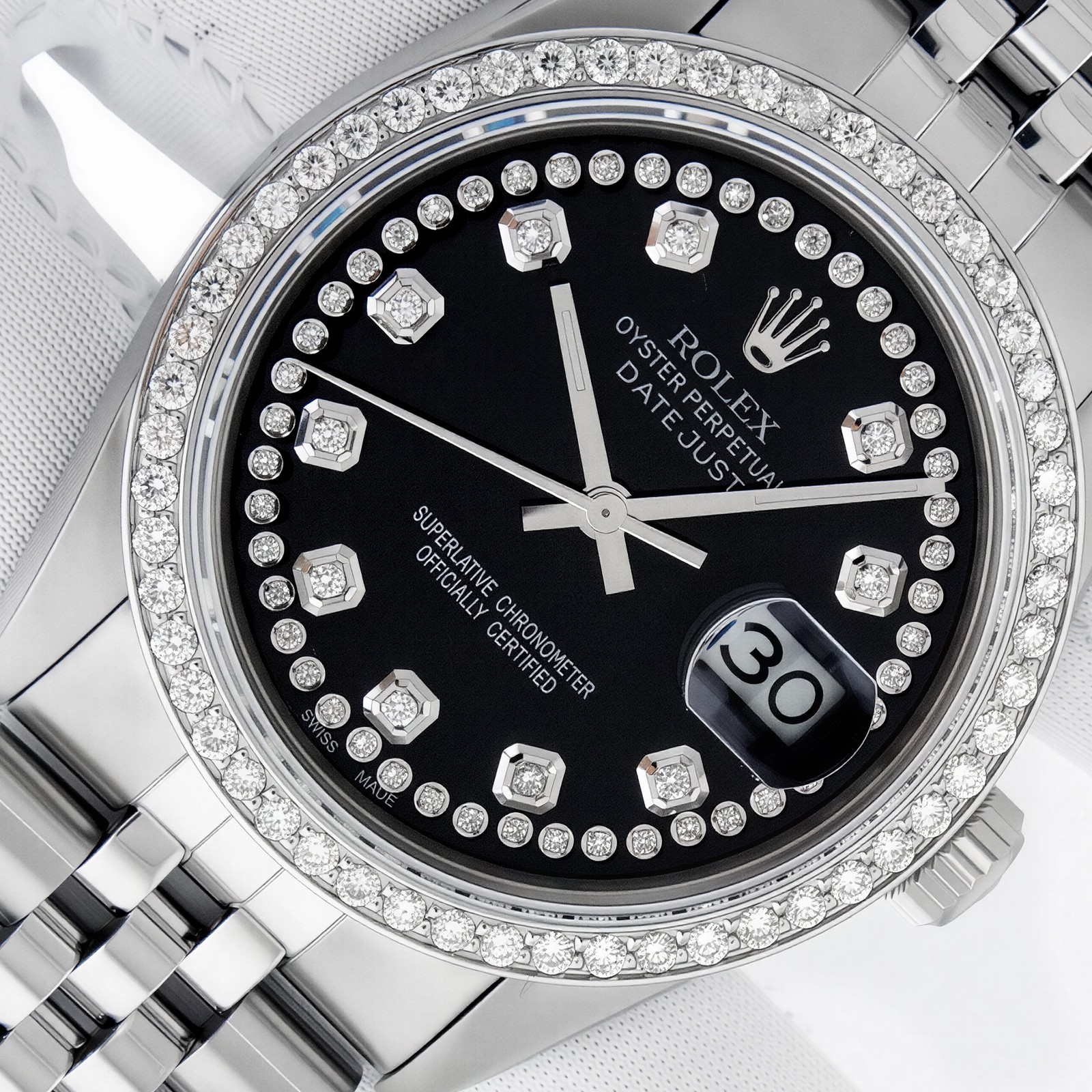 MENS ROLEX DATEJUST BLACK DIAMOND DIAL, DIAMOND BEZEL, JUBILEE BRACELET WATCH